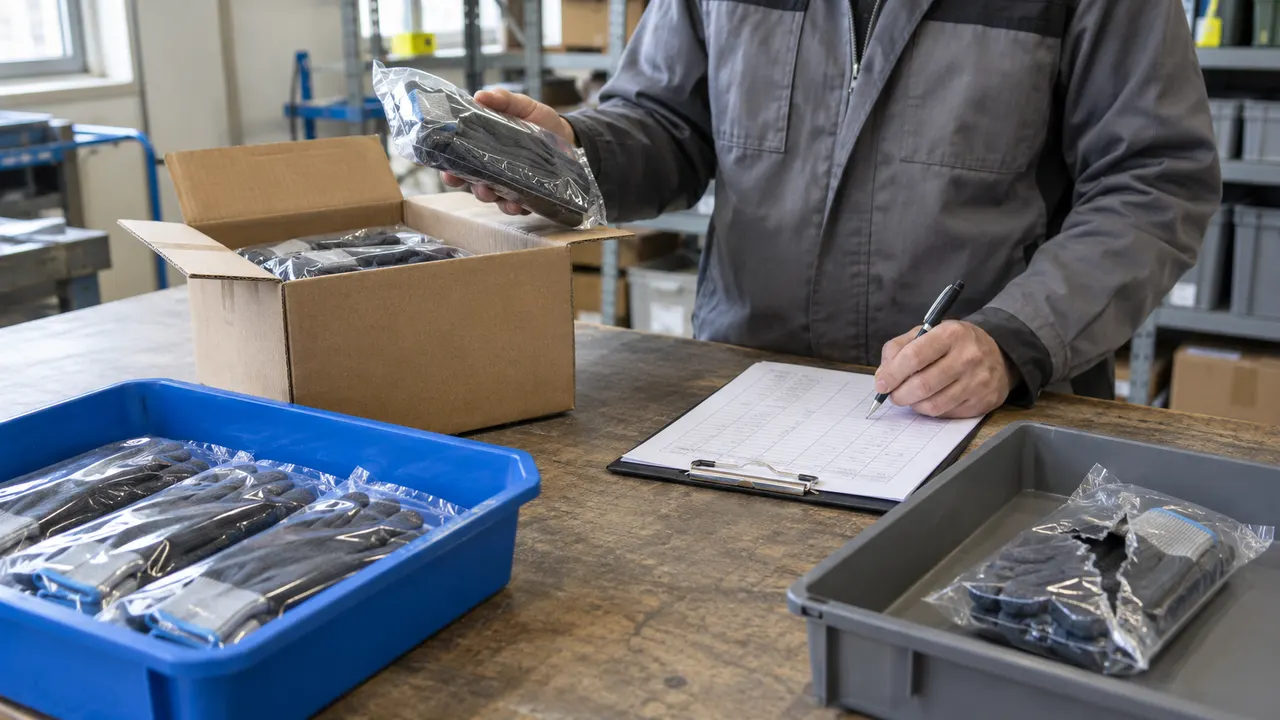 A stockkeeper checking glove packs at a receiving bench with separate blue and grey trays