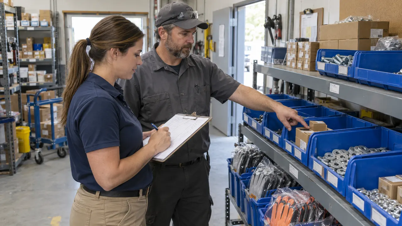 Two stockroom colleagues checking blue bins of fasteners and packaged gloves with a clipboard