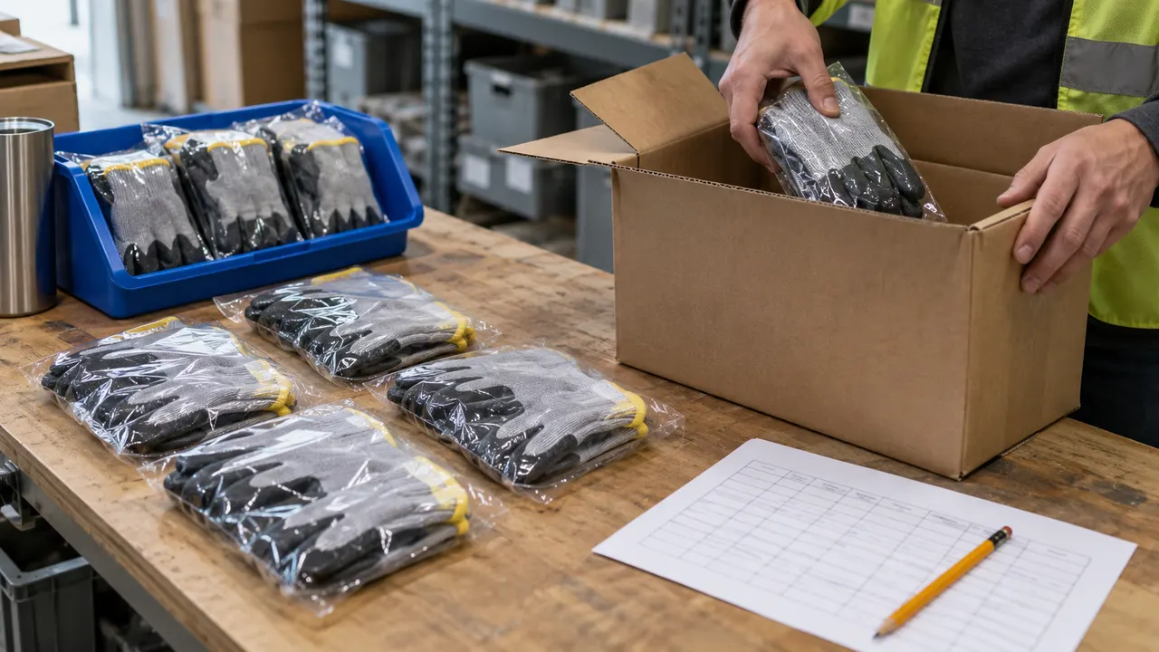 Hands placing a sealed glove pack in a cardboard carton beside other packs and a paper grid