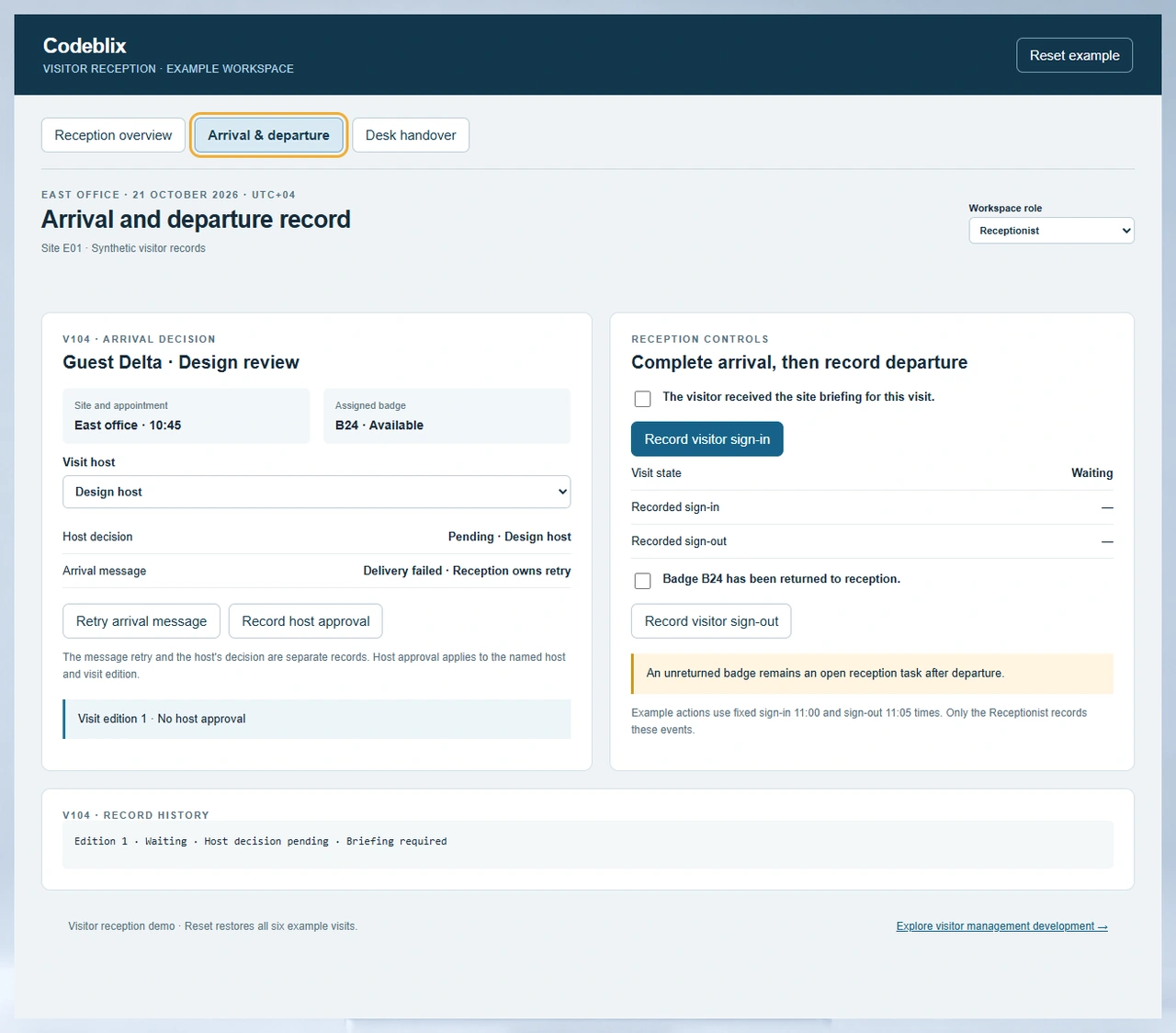 Guest Delta arrival record shows a pending host decision, failed arrival message, briefing checkbox and sign-in controls