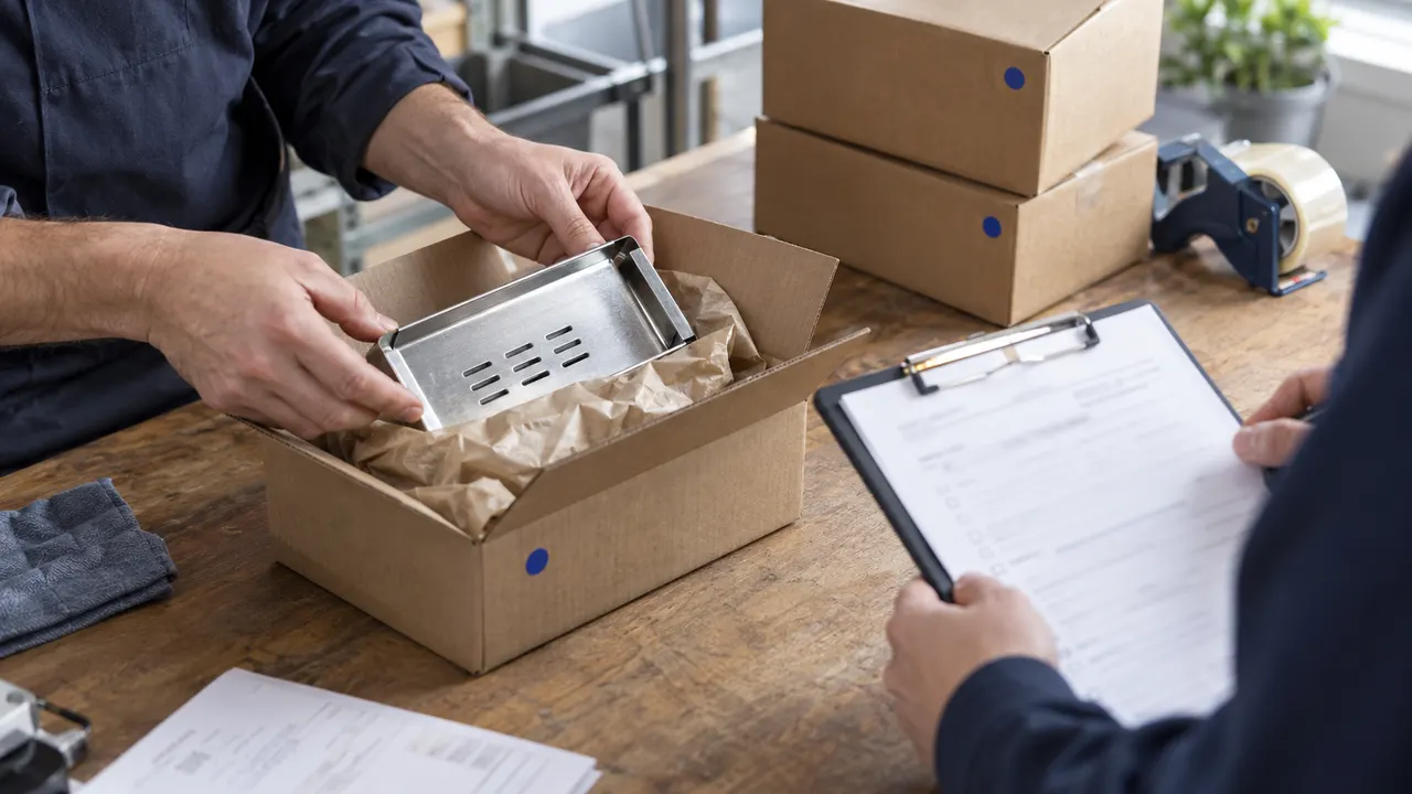 Hands placing a metal toaster tray in a padded cardboard box beside a colleague holding a clipboard