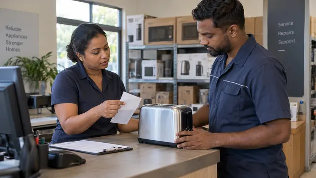 Two service-centre colleagues comparing a paper receipt with a toaster on an intake counter