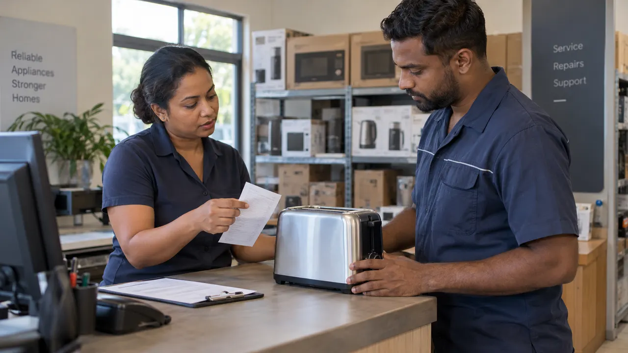 Two service-centre colleagues comparing a paper receipt with a toaster on an intake counter