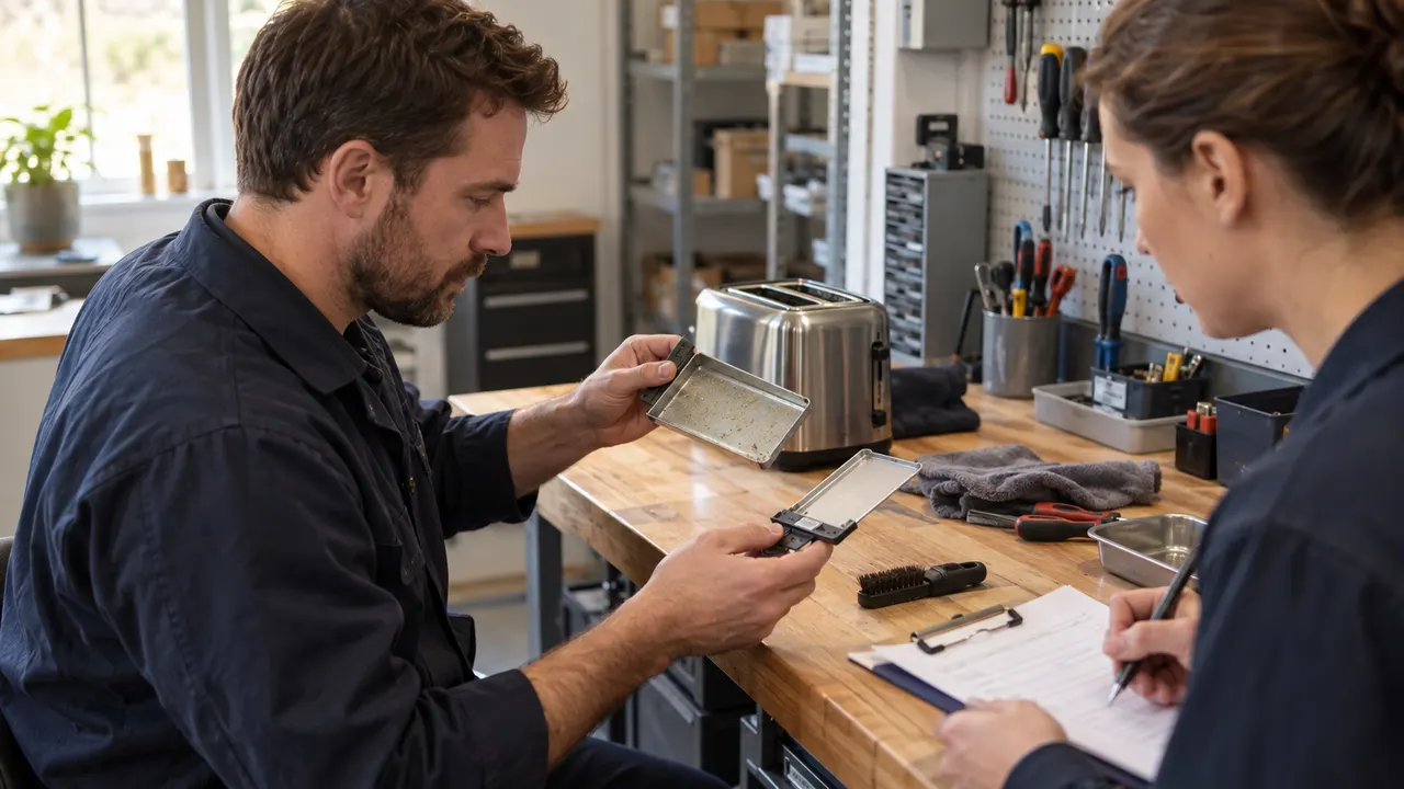 A technician comparing two metal toaster trays while a colleague writes on a clipboard