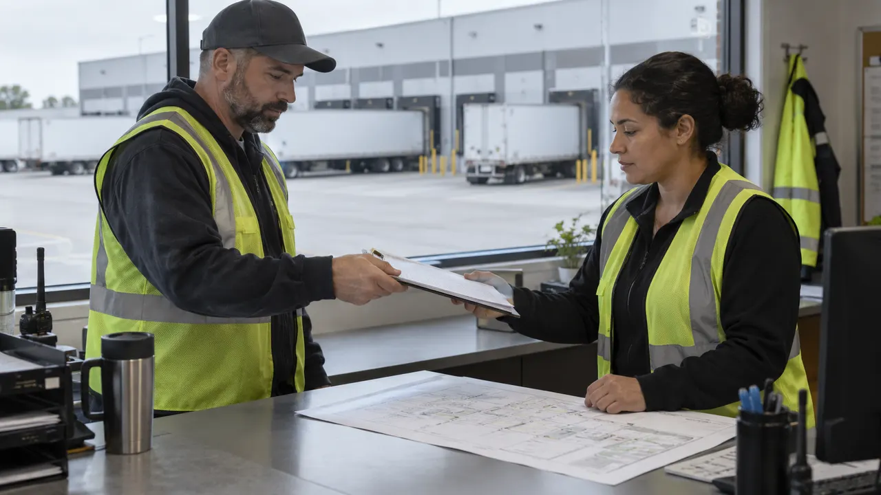 Two warehouse coordinators handing over a clipboard above a paper yard layout, with trailers visible through a window
