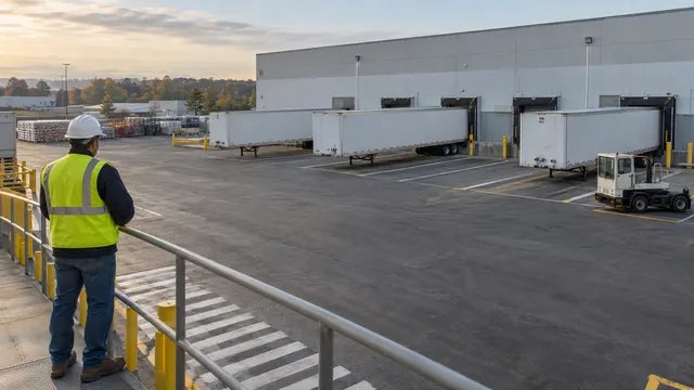 Warehouse loading bays, parked white trailers and a supervisor beside a marked walkway