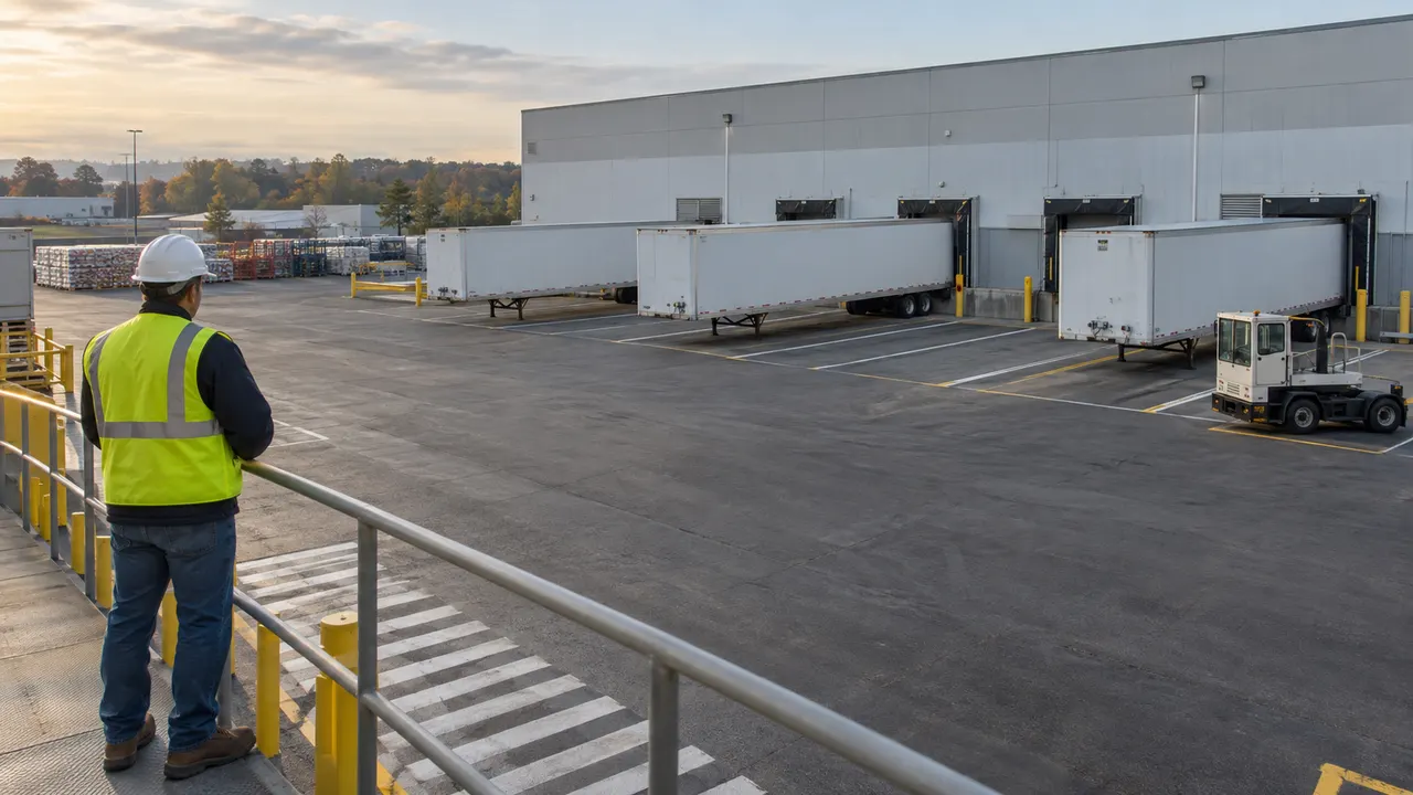 Warehouse loading bays, parked white trailers and a supervisor beside a marked walkway