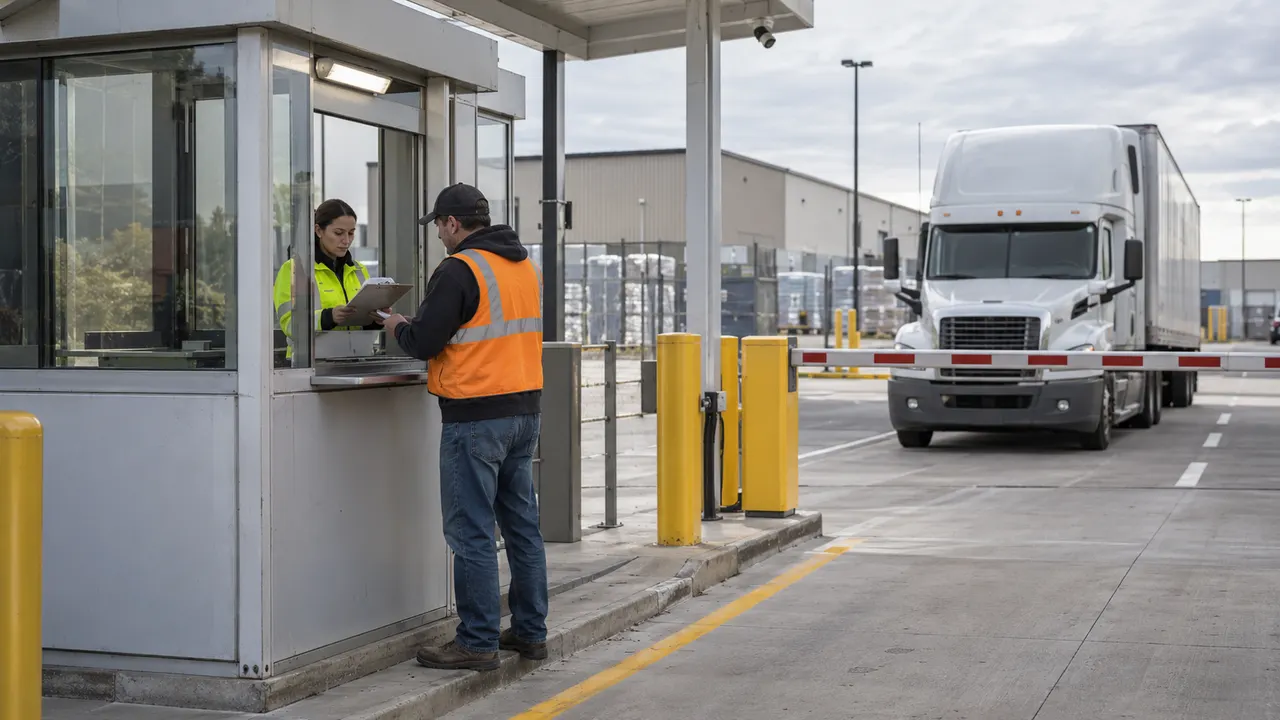 Gate clerk reviewing a clipboard with a driver at a check-in booth beside a waiting truck