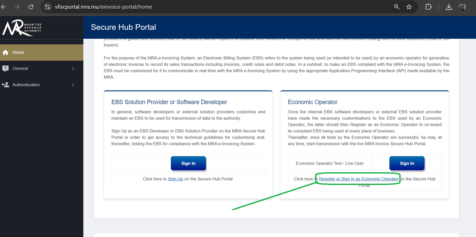 MRA e-Invoicing Secure Hub Portal showing the Economic Operator register or sign-in link