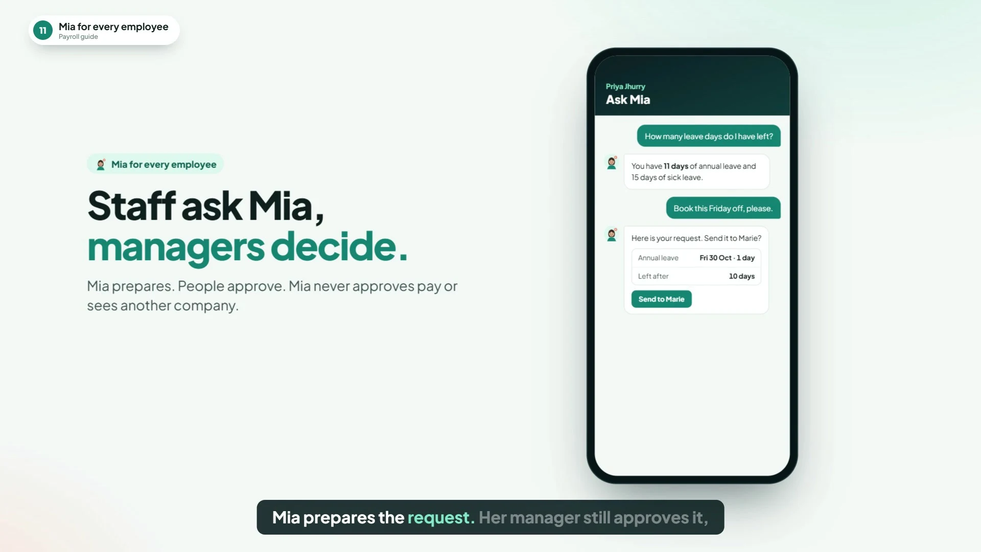 Planned Mia assistant illustration showing a leave request prepared for manager approval