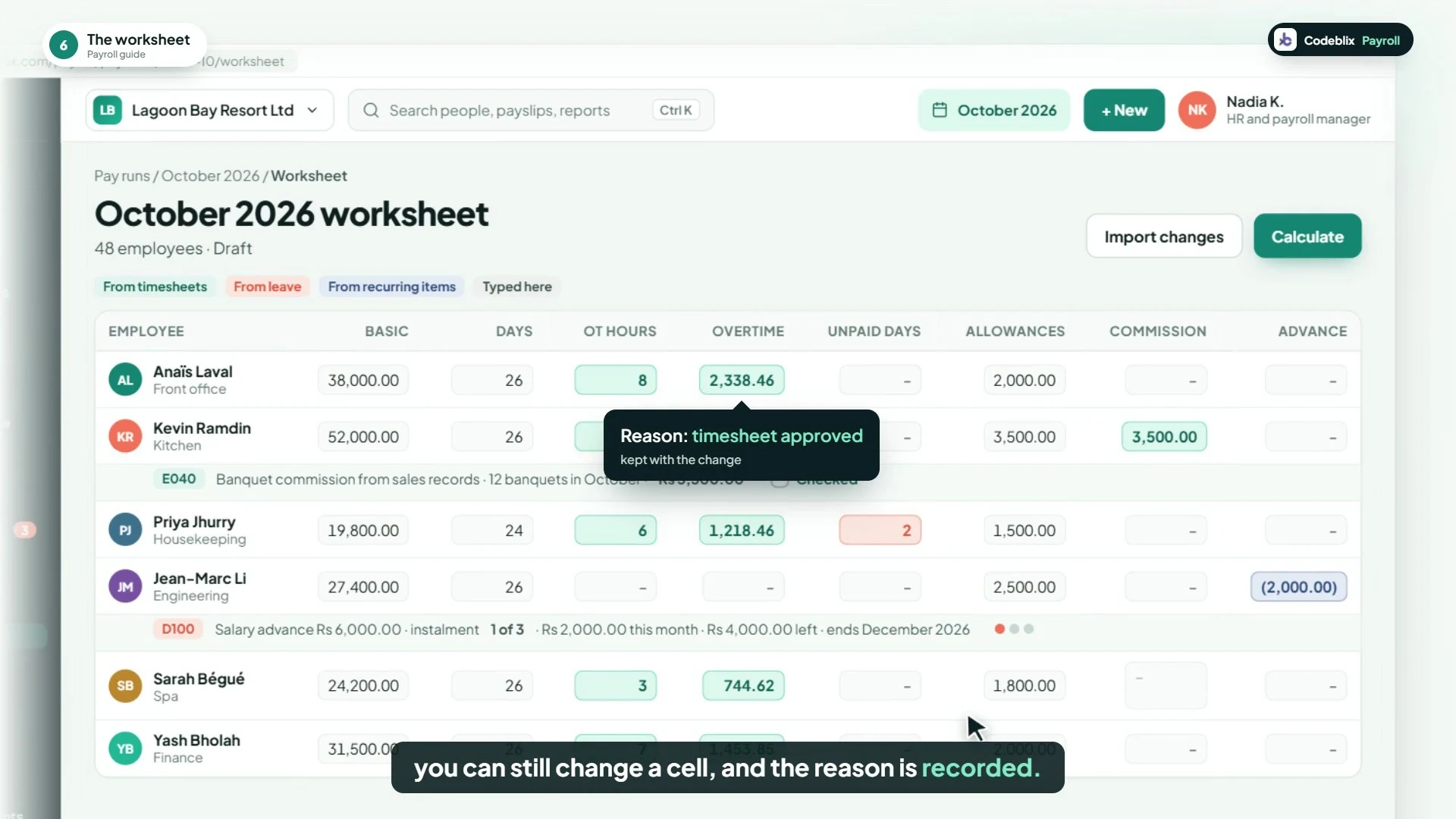 Illustrated payroll worksheet showing earnings, overtime and recurring amounts