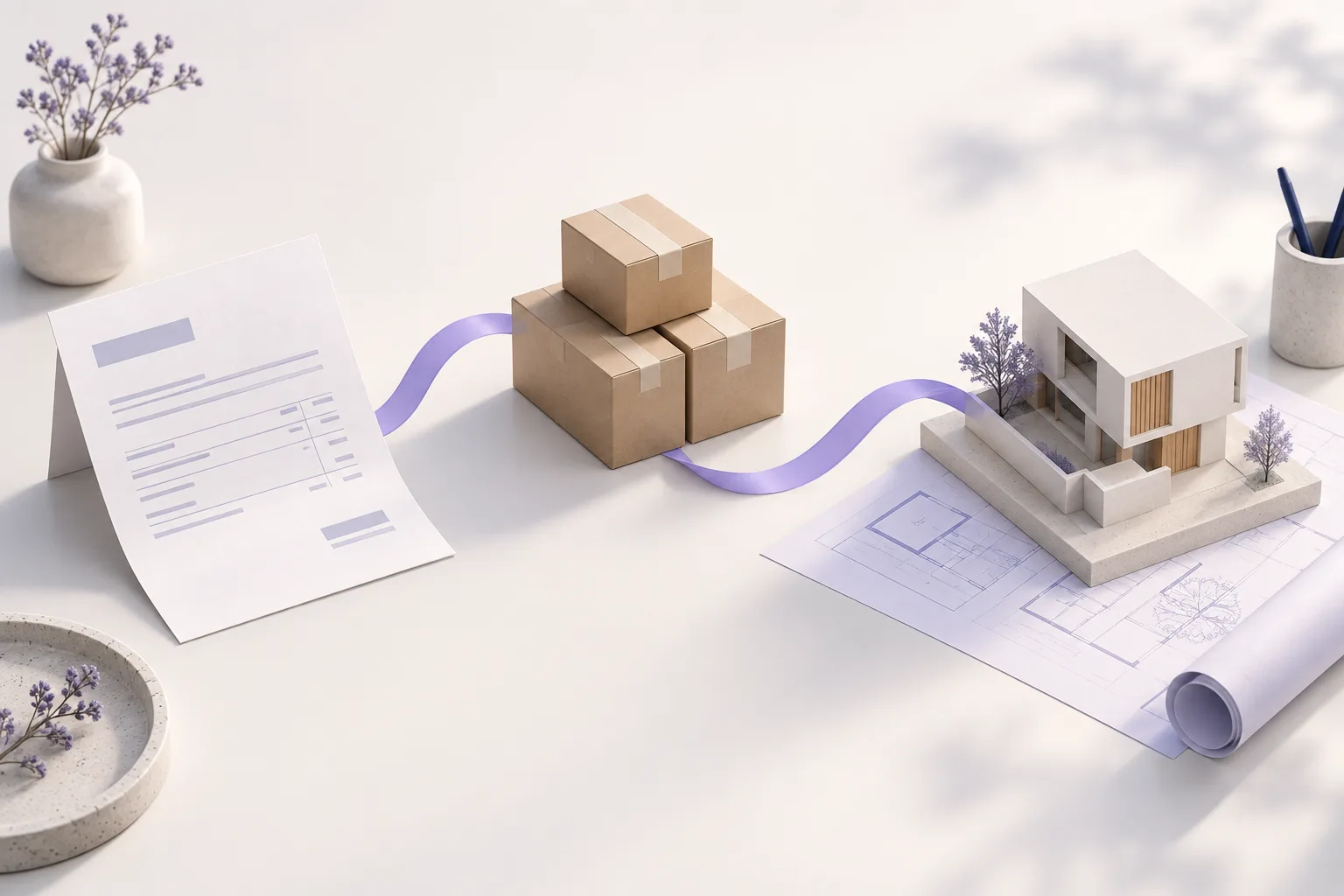 Paper invoice, stock boxes and an architectural model linked by a violet ribbon