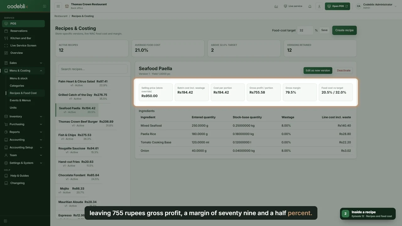 Restaurant recipe costing screen with ingredient quantities and cost per portion