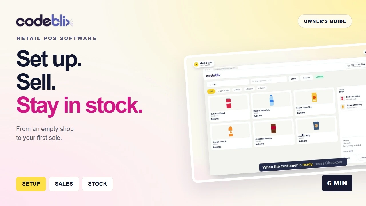 Codeblix POS owner’s guide with a sample checkout screen