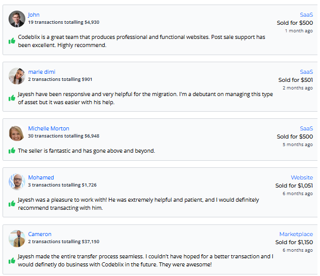 Five positive Codeblix marketplace buyer reviews from John, marie dimi, Michelle Morton, Mohamed and Cameron