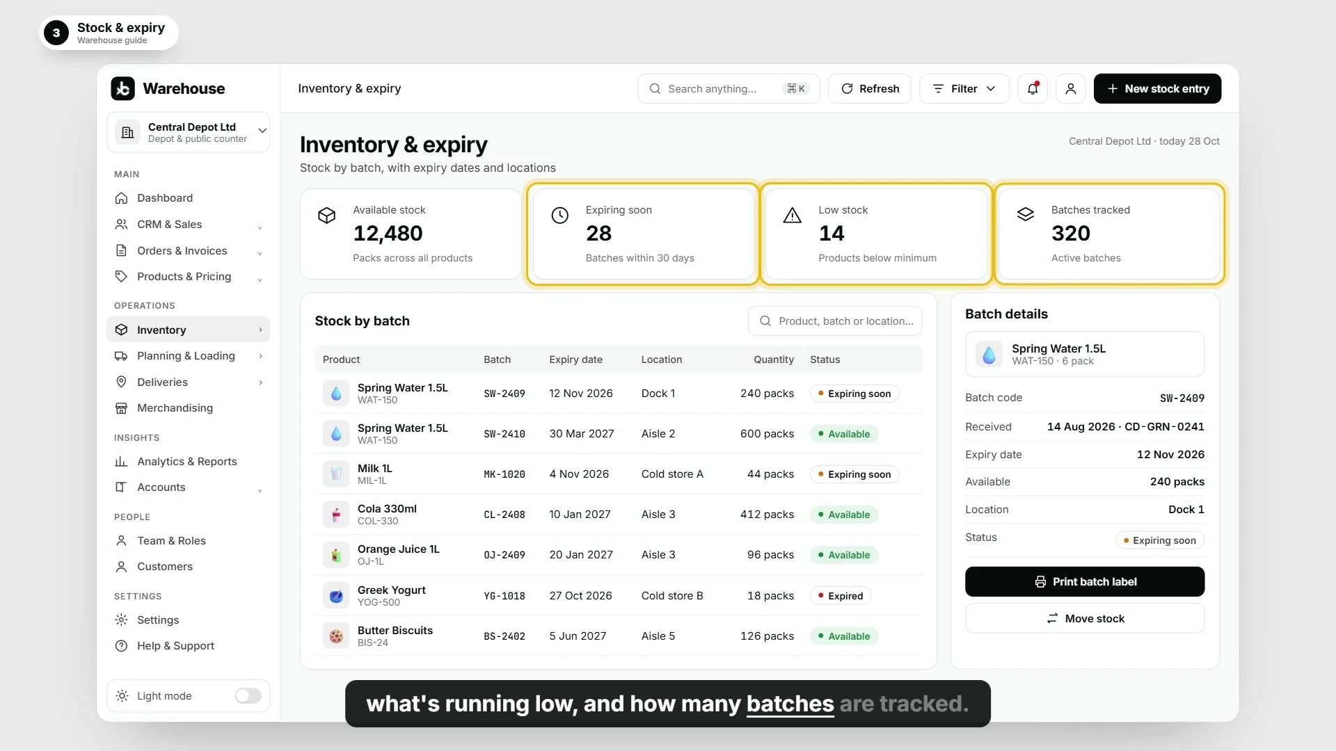 Illustrated warehouse inventory screen with stock batches, barcodes and expiry dates