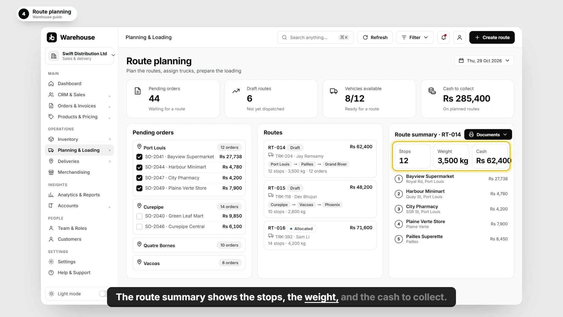 Illustrated delivery route planning with vehicles, crew and loading documents